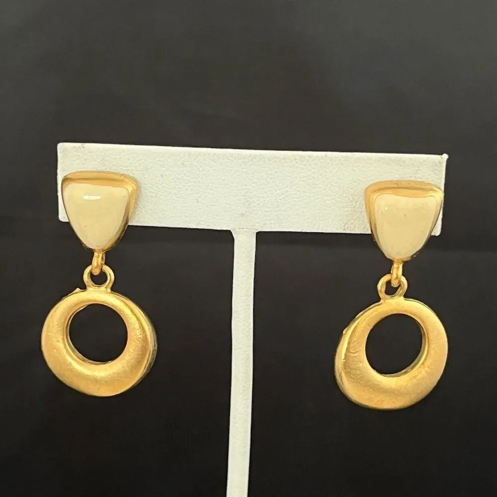 Vintage 1980s Gold Tone Earrings Dangle Hoop Cream Enamel Pierced - 3HC